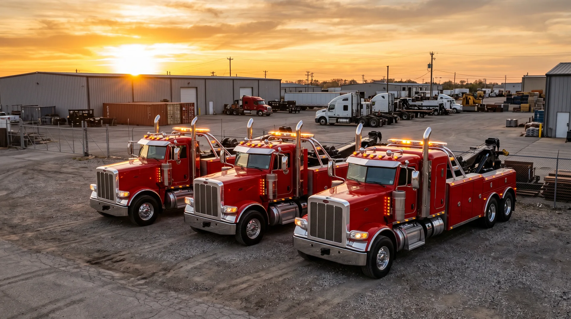 Legacy Tow Group fleet lineup at golden hour