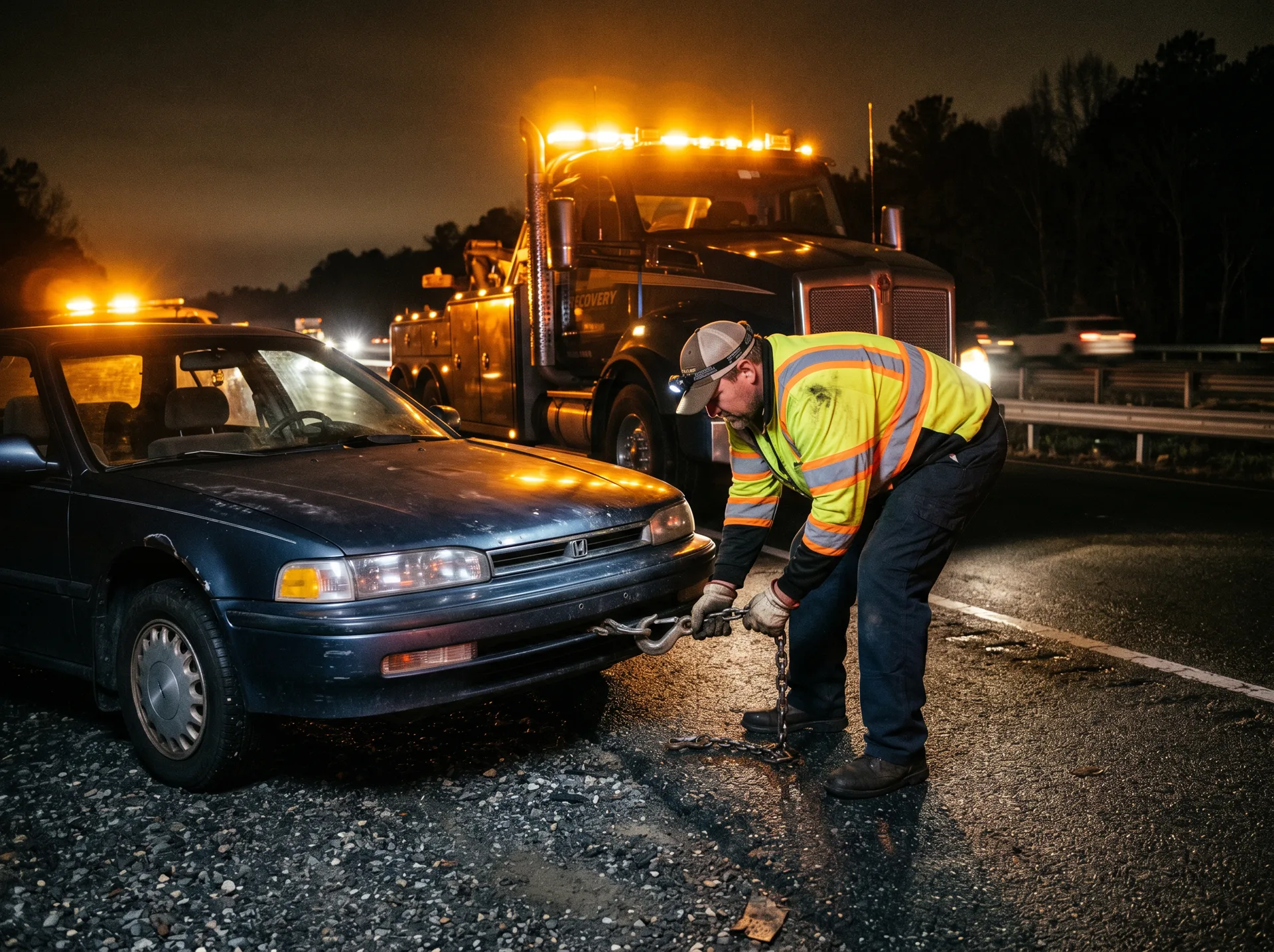 Tow truck operator connecting tow hook to vehicle at night